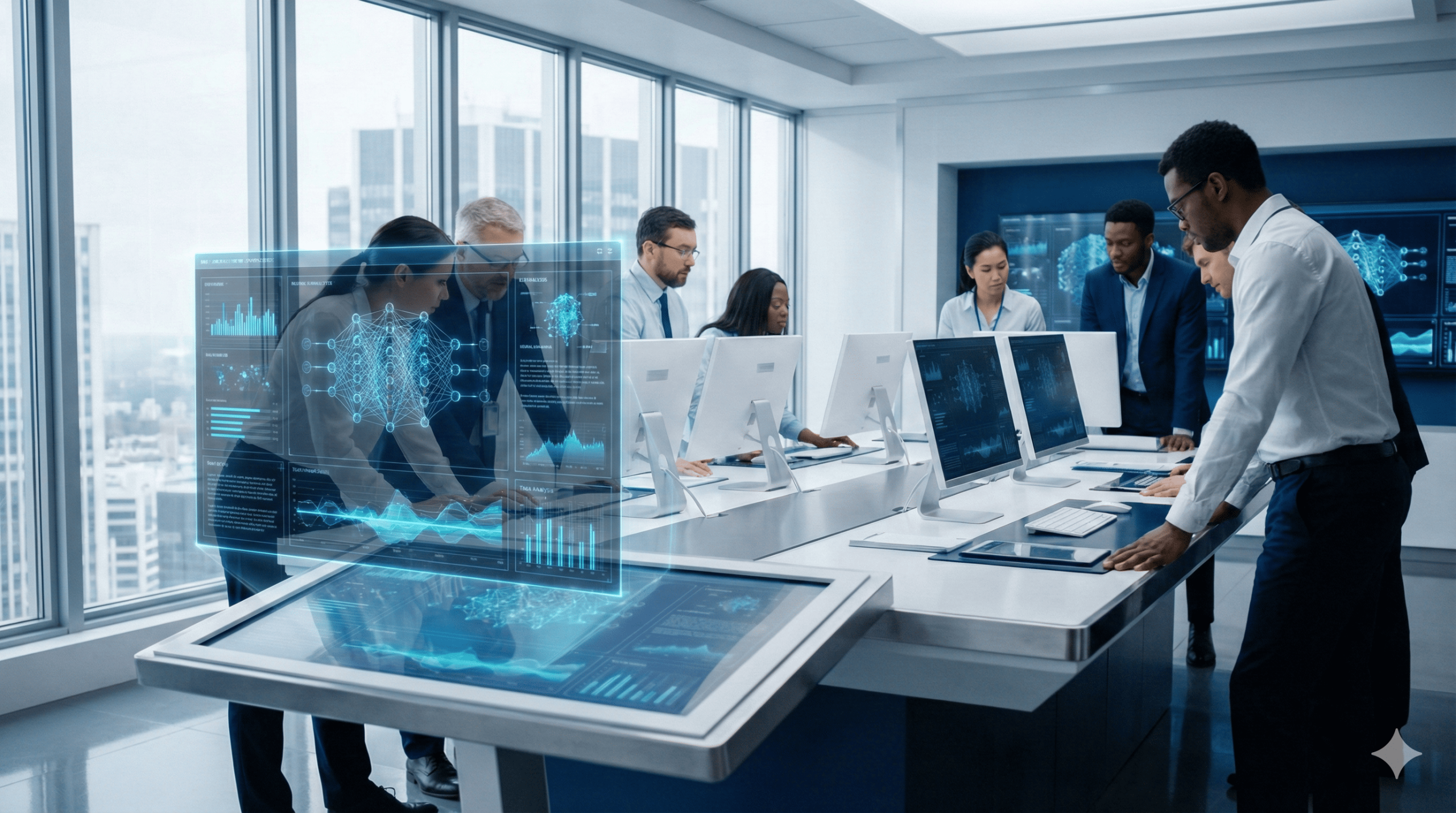 Our team of data scientists and linguists analyzing AI algorithms and data visualizations in a modern office
