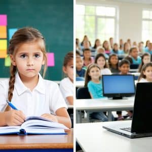 Photorealistic split-screen image showing two classroom scenes side by side: left side shows a young K-12 teacher at a desk reviewing student papers with concerned expression in a colorful classroom with educational posters, right side shows a university professor in a modern lecture hall with laptop and students using computers, natural lighting, shallow depth of field, professional education photography style, 8K quality
