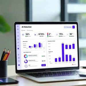 Professional desktop workspace showing a laptop screen displaying AI detection software interface with percentage scores and analysis graphs, split-screen view comparing original text and detection results, modern minimalist office setting with soft natural lighting, photorealistic 3D render, clean composition, technology and digital analysis theme, no text or logos visible