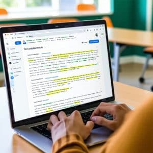 Close-up photorealistic image of a laptop screen displaying a text analysis interface with highlighted sections and detection results, a teacher's hands on keyboard in a bright classroom environment, natural lighting, professional education setting, shallow depth of field