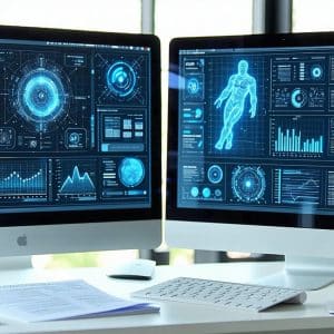 Split screen comparison of two modern computer monitors displaying AI detection software interfaces, clean white desk setup with scattered student papers, soft natural lighting from window, professional education technology environment, photorealistic 4K quality, shallow depth of field